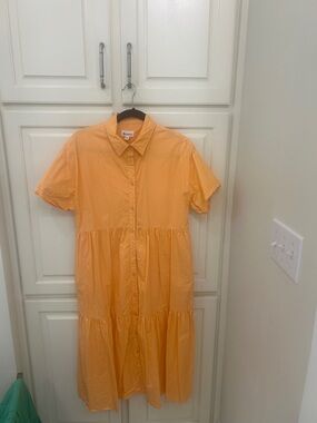 Button-Front Tiered Midi Dress in Bright Orange